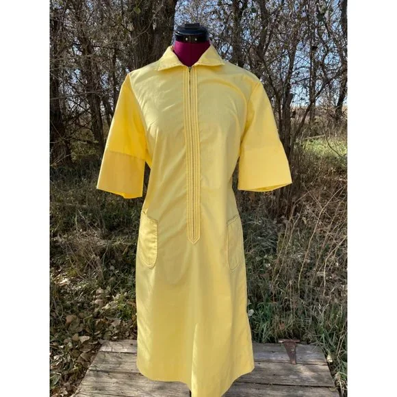 Vintage 1970s Yellow Zip Front Casual dress Front Pocket size L - Picture 12 of 15